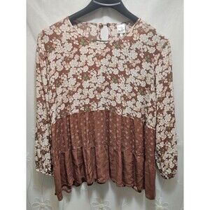 Belle Du Jour Womens 2X Rust Brown Top Floral Pleated Botanical Bloom Cottage